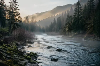 Peaceful River Through Evergreen Valley