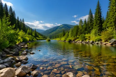 Peaceful River in Evergreen Mountain Valley