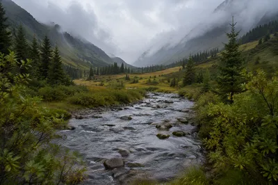 Peaceful River Through Evergreen Mountain Valley