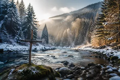 Peaceful Winter River in Evergreen Valley