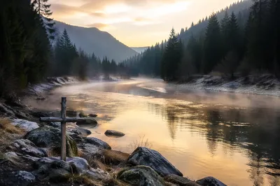 Peaceful Evergreen River Valley at Dawn