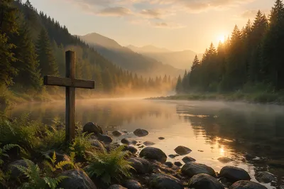 Peaceful Evergreen Valley River With Humble Cross