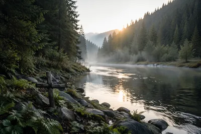 Peaceful River Valley With Wooden Cross