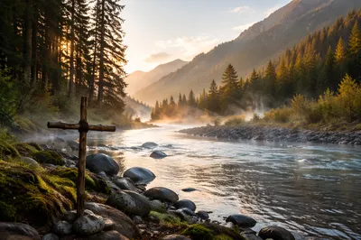 Peaceful River Valley with Wooden Cross