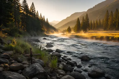 Peaceful Evergreen Valley River at Dawn