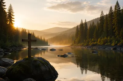 Peaceful Evergreen River Valley at Dawn
