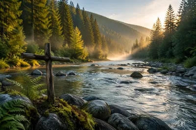Peaceful Evergreen River Valley with Wooden Cross