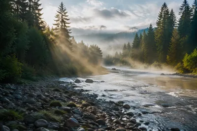 Peaceful Evergreen Valley River at Dawn