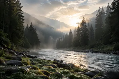 Peaceful River Through Evergreen Valley