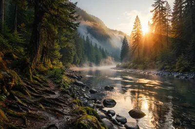 Peaceful Evergreen Valley River at Sunrise