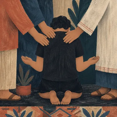 Kneeling Prayer Surrounded by Supportive Hands