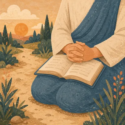 Quiet Kneeling Prayer on Evergreen Path