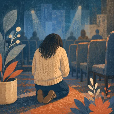 Quiet Kneeling Prayer in Church Auditorium