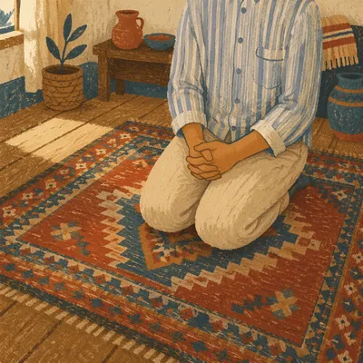 Kneeling Prayer on Patterned Woven Rug