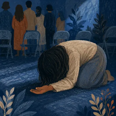 Kneeling Prayer in Blue Community Light