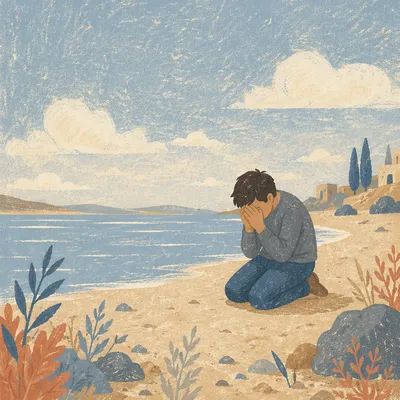 Kneeling Prayer on a Peaceful Shoreline