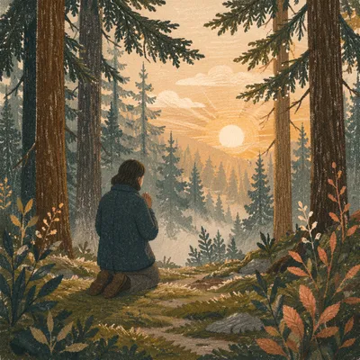 Kneeling Prayer Beneath Evergreen Sunrise