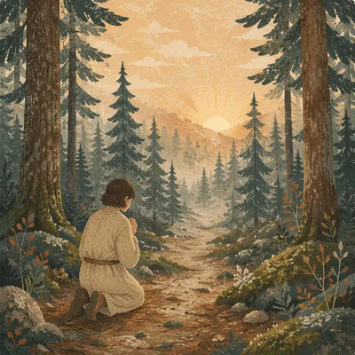 Kneeling Prayer on Misty Evergreen Path