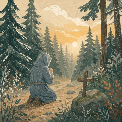 Prayer on a Frosted Evergreen Forest Path
