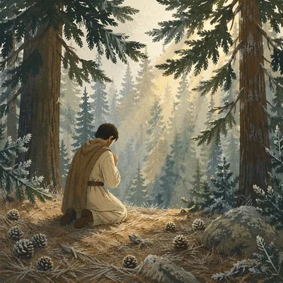 Kneeling Prayer in Misty Evergreen Forest