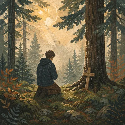 Kneeling Prayer in Evergreen Forest