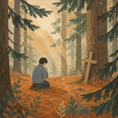 Kneeling Prayer Beneath Evergreen Trees