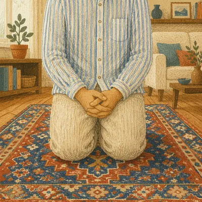 Quiet Kneeling Prayer in Cozy Living Room