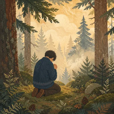 Kneeling Prayer Beneath Evergreen Forest Light