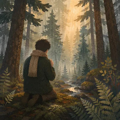 Kneeling Prayer in Misty Evergreen Forest
