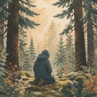 Kneeling Prayer Beneath Evergreen Forest Light