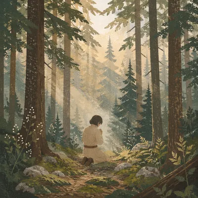 Kneeling Prayer in Evergreen Forest Mist