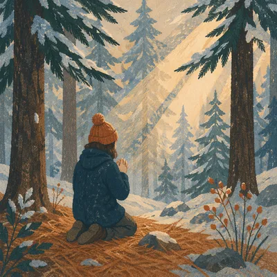 Kneeling Prayer in Evergreen Winter Forest