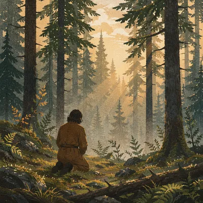 Kneeling Prayer in Evergreen Forest Light