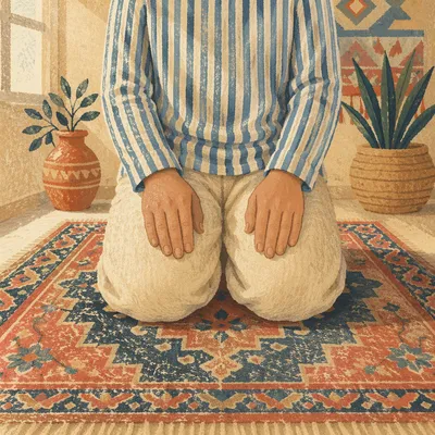 Quiet Kneeling Prayer in Evergreen Tones