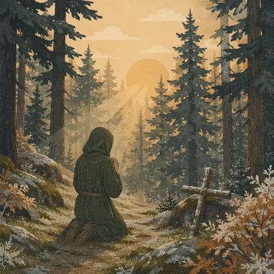 Kneeling Prayer Beneath Evergreen Dawn Light