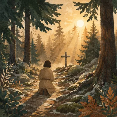 Kneeling Prayer Beneath Evergreen Sunrise