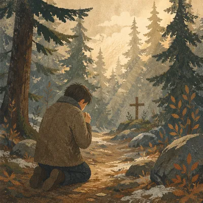 Kneeling Prayer Beneath Evergreen Trees