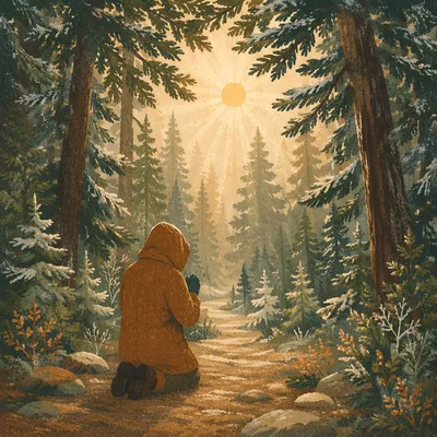 Kneeling Prayer on Evergreen Forest Path