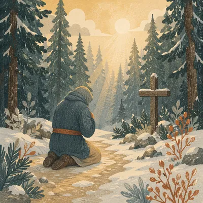 Kneeling Prayer on Evergreen Forest Path