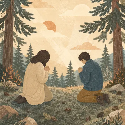Two People Kneeling in Evergreen Prayer