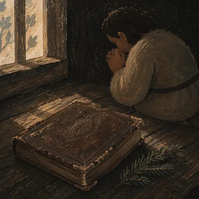 Kneeling Prayer with Evergreen and Worn Book