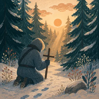 Kneeling Prayer Beneath Winter Evergreens