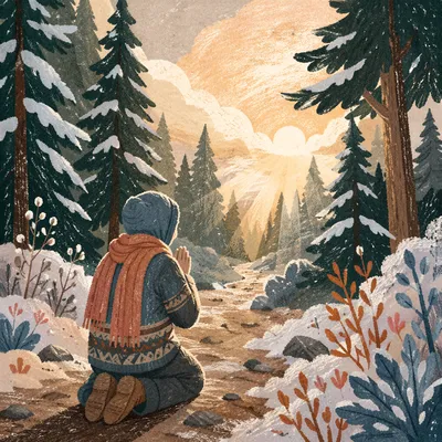 Kneeling Prayer on Snowy Evergreen Path
