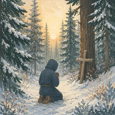 Kneeling Prayer Beneath Snowy Evergreen Trees