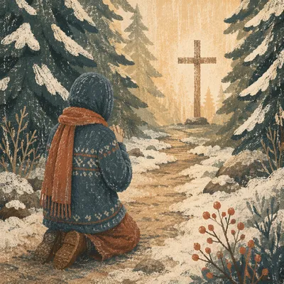 Kneeling Prayer on Snowy Evergreen Path