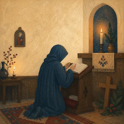 Kneeling Figure in Candlelit Chapel Prayer