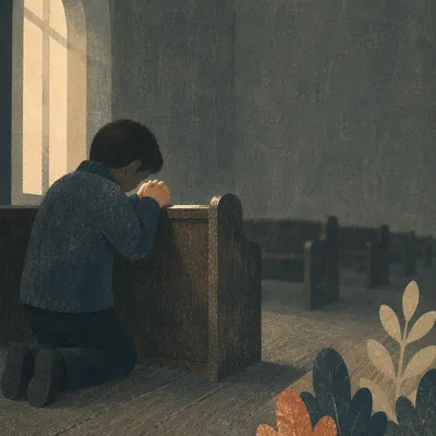 Solitary Prayer in Dim Evergreen Chapel