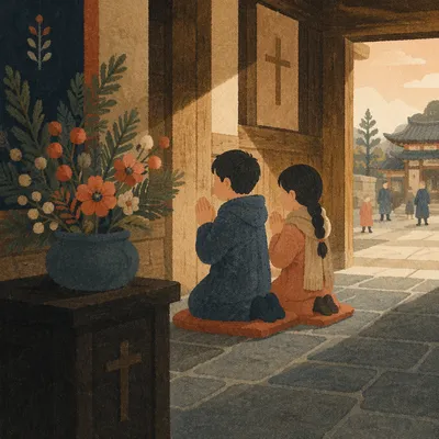 Kneeling Prayer in Quiet Wooden Chapel
