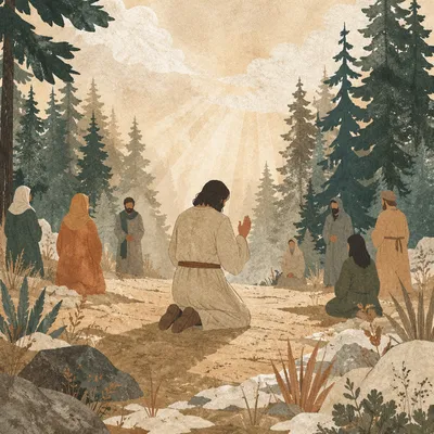 Kneeling Prayer in Evergreen Morning Clearing