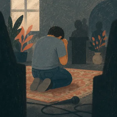 Person Kneeling in Dim Prayer Room
